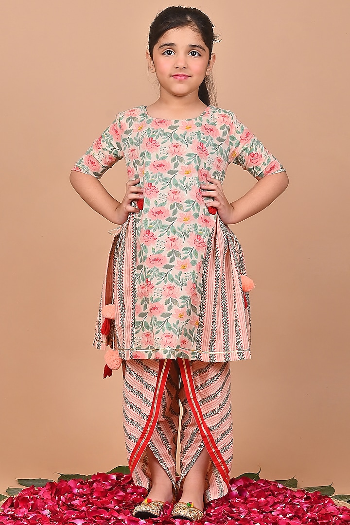 Peach Cotton Floral Printed & Crochet Embroidered Paneled Kurta Set For Girls by THE COTTON STAPLE at Pernia's Pop Up Shop