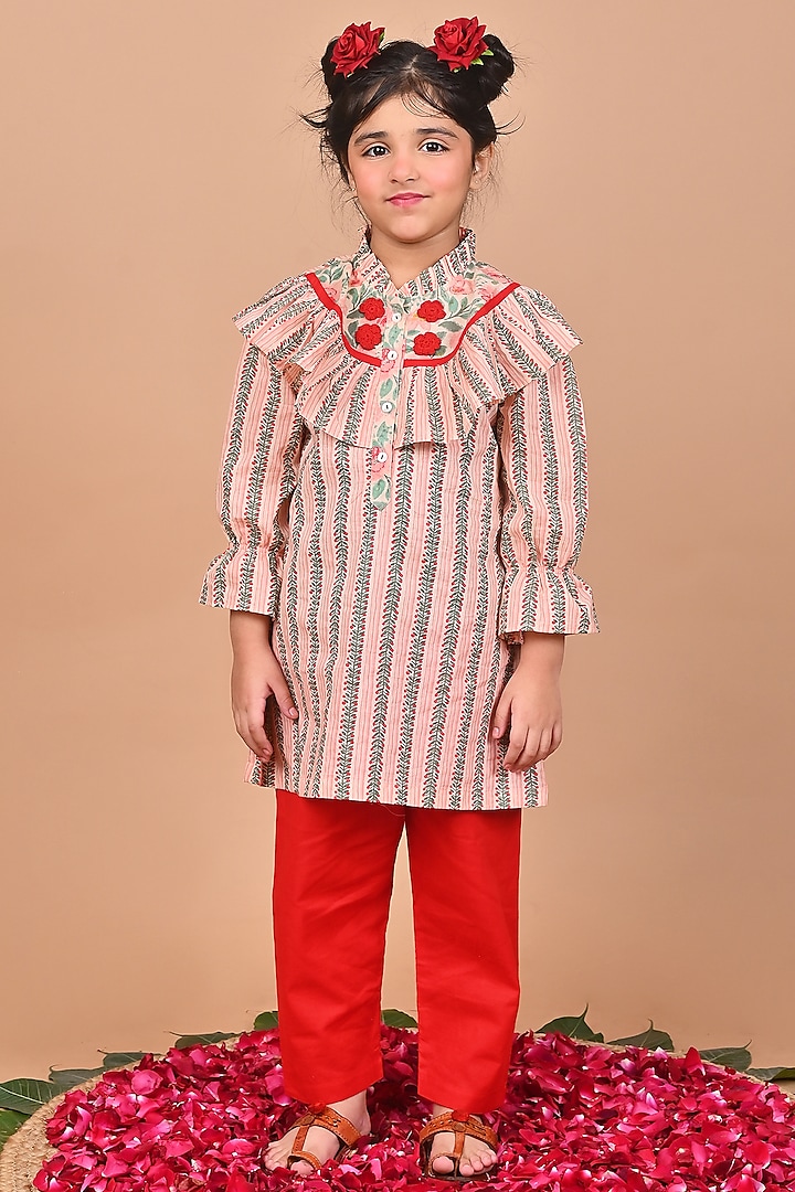 Peach Cotton Crochet Floral Embroidered A-Line Kurta Set For Girls by THE COTTON STAPLE