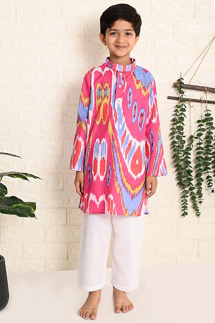 Pink Cotton Printed Kurta Set For Boys by THE COTTON STAPLE