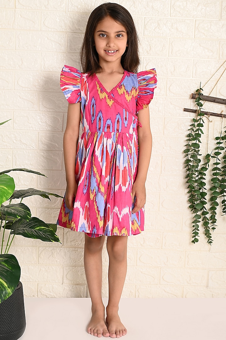 Pink Cotton Printed Angrakha Dress For Girls by THE COTTON STAPLE at Pernia's Pop Up Shop