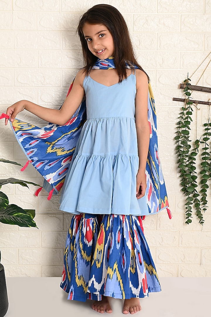 Blue Cotton Ikat Printed Sharara Set For Girls by THE COTTON STAPLE at Pernia's Pop Up Shop