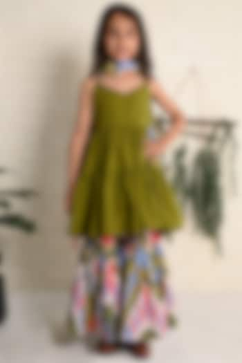 Green Cotton Ikat Printed Sharara Set For Girls by THE COTTON STAPLE at Pernia's Pop Up Shop