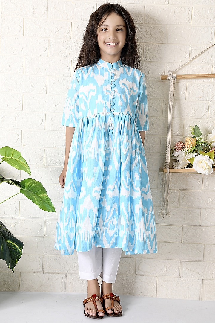 Blue Cotton Printed Kurta Set For Girls by THE COTTON STAPLE