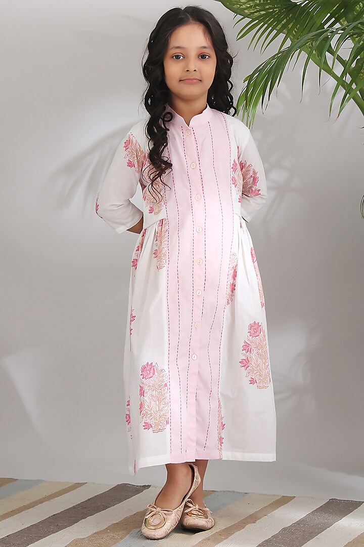 Blush Pink & White Block Printed Dress For Girls by THE COTTON STAPLE