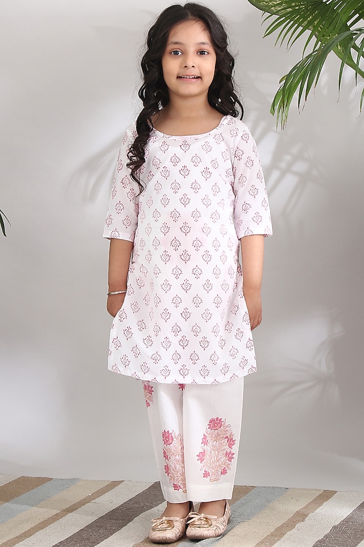 White Hand Block Printed Sharara Set For Girls by THE COTTON STAPLE