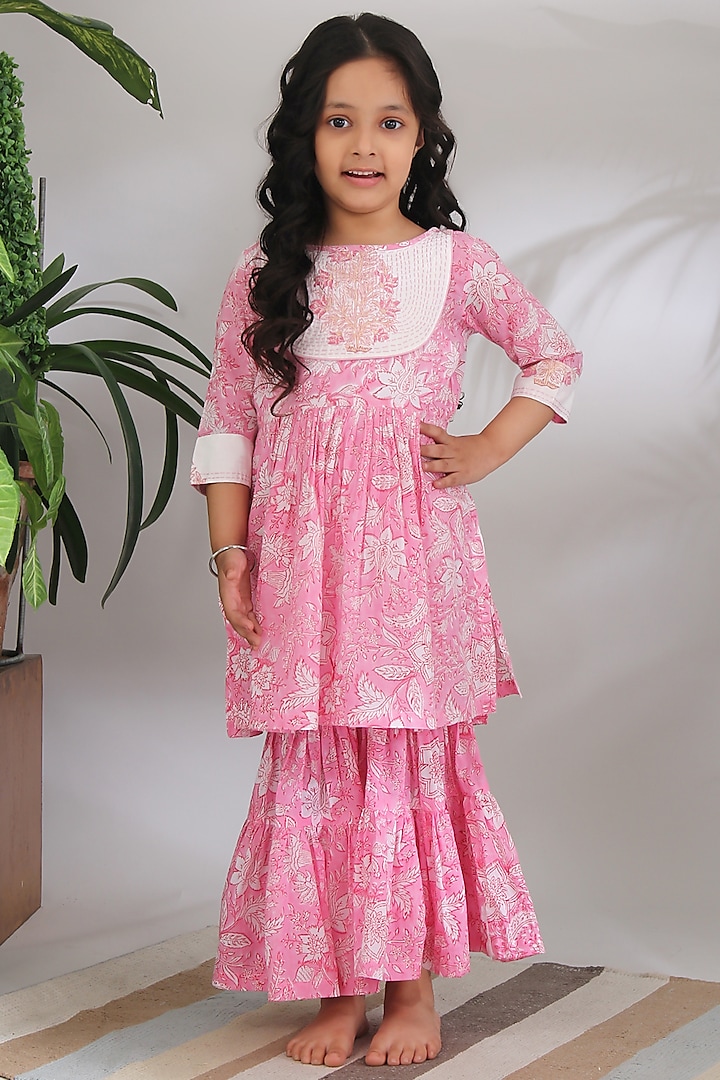 Pink Hand Block Printed Sharara Set For Girls by THE COTTON STAPLE