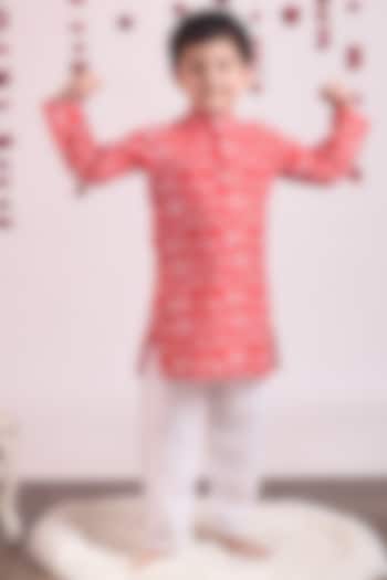 Fiery Red Fish Printed Kurta Set For Boys by THE COTTON STAPLE