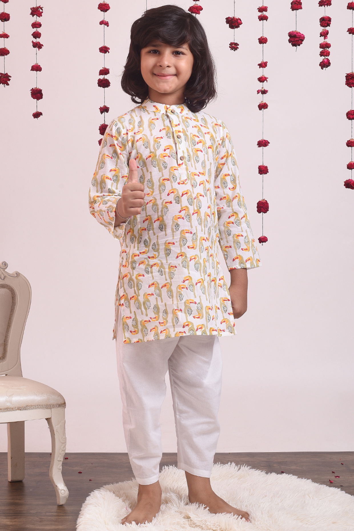 White Hand Block Printed Kurta Set For Boys by THE COTTON STAPLE