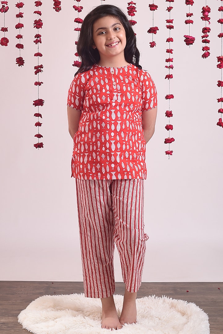 Fiery Red Striped Pant Set For Girls by THE COTTON STAPLE