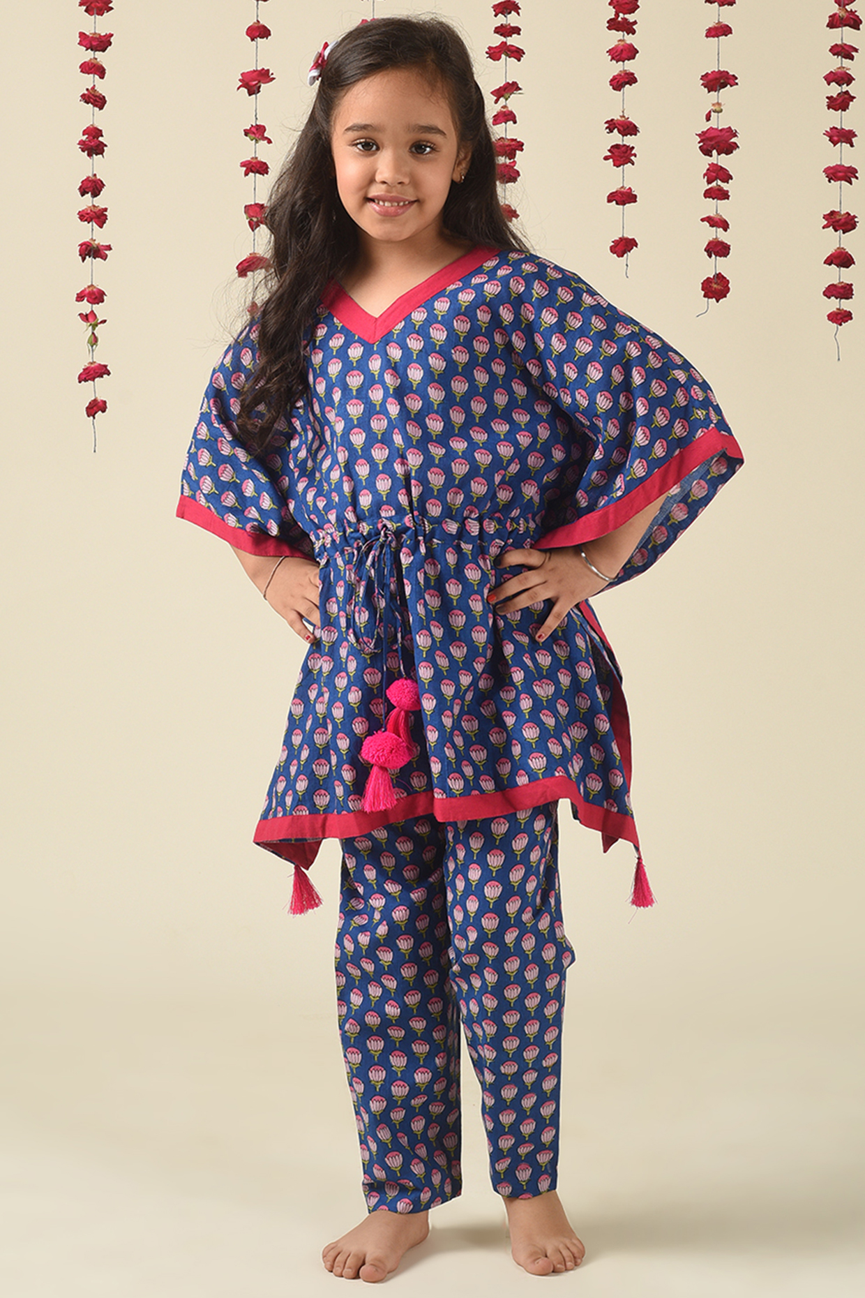 Catalina Blue Printed Kaftan Set For Girls by THE COTTON STAPLE at Pernia's Pop Up Shop