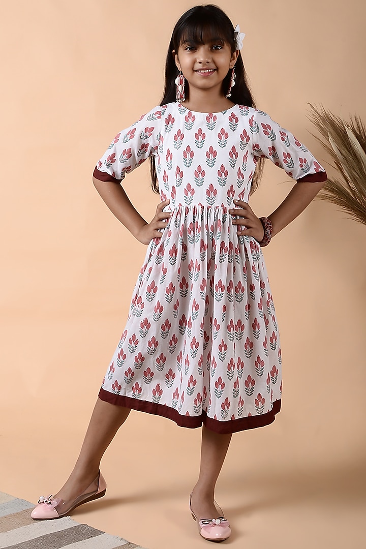 White Hand Block Printed Dress For Girls by THE COTTON STAPLE at Pernia's Pop Up Shop