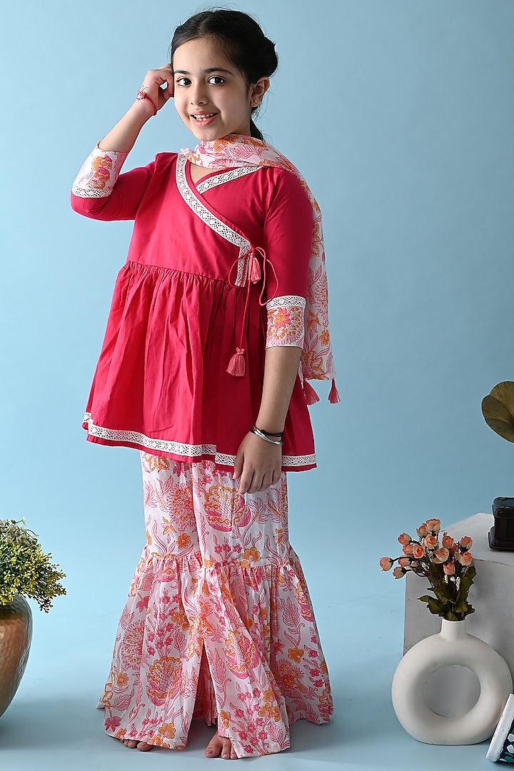 Pink Printed Sharara Set For Girls by THE COTTON STAPLE