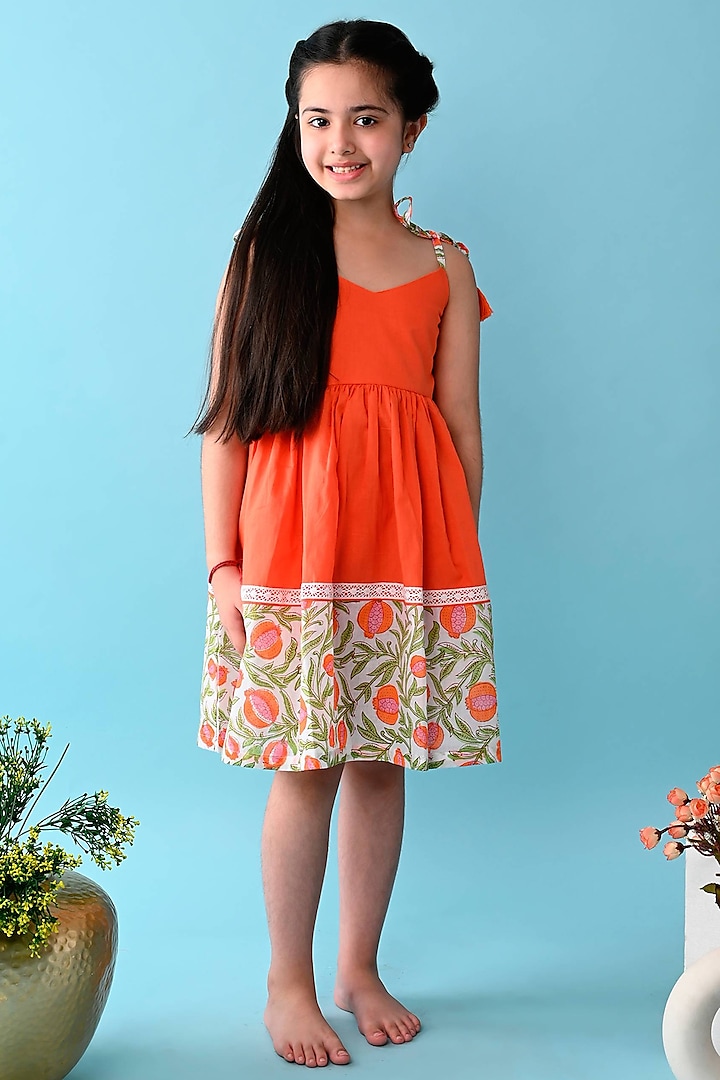 Orange Printed Cami Dress For Girls by THE COTTON STAPLE