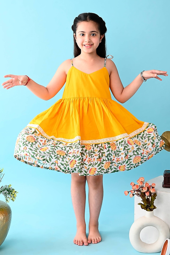 Yellow Printed Cami Dress For Girls by THE COTTON STAPLE