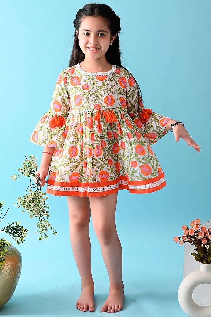 Orange & White Printed Mini Dress For Girls by THE COTTON STAPLE