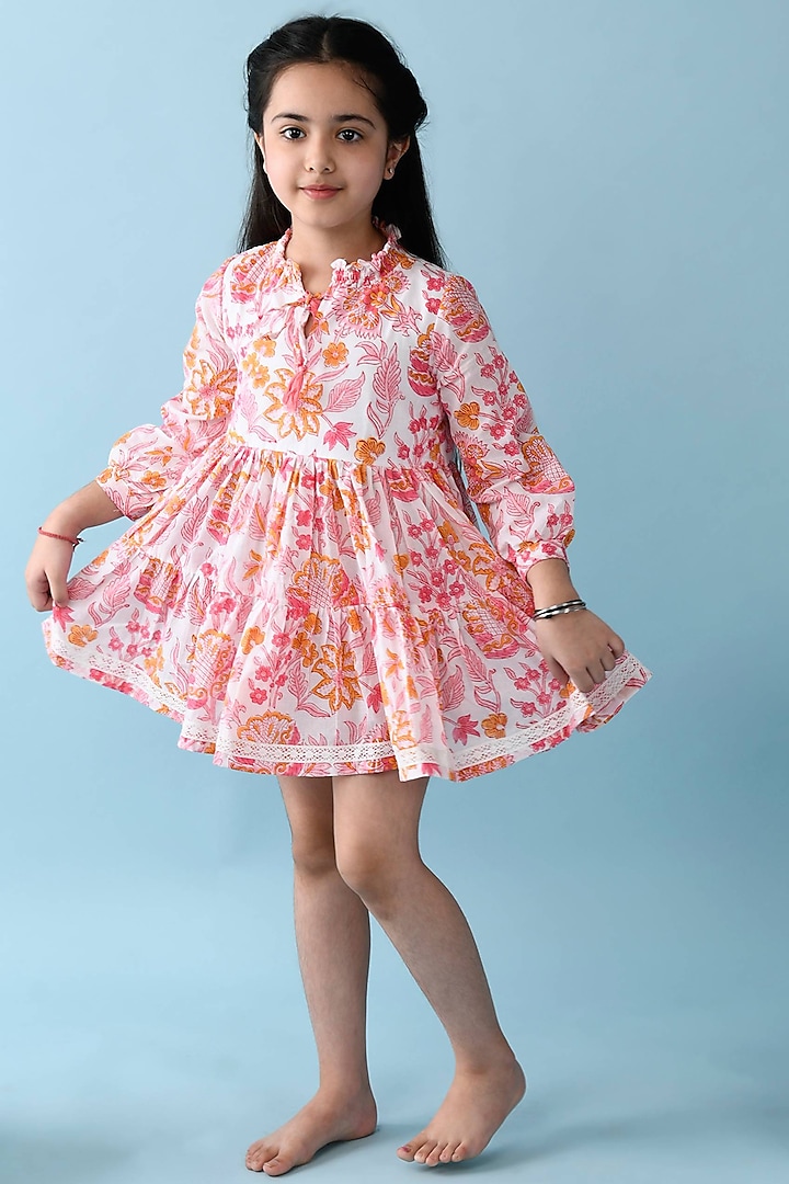 Pink & White Printed Dress For Girls by THE COTTON STAPLE