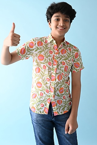 Orange & White Printed Shirt For Boys by THE COTTON STAPLE
