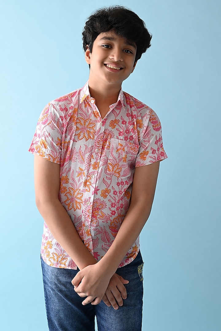 Pink & White Printed Shirt For Boys by THE COTTON STAPLE