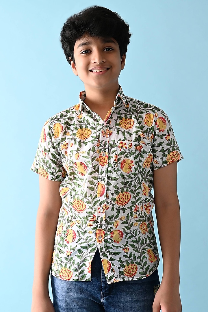 Green & White Printed Shirt For Boys by THE COTTON STAPLE