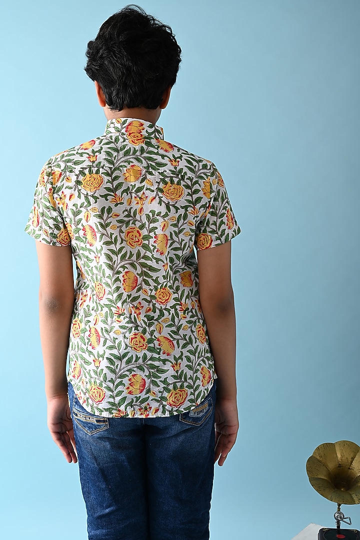Green & White Printed Shirt For Boys by THE COTTON STAPLE at Pernia's Pop Up Shop