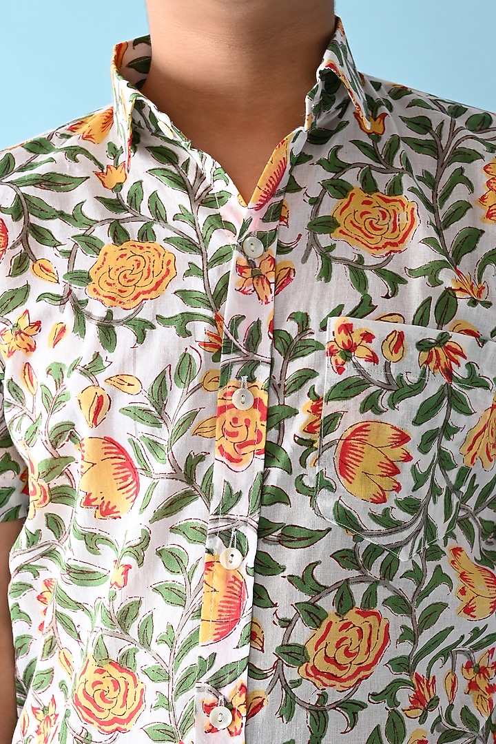 Green & White Printed Shirt For Boys by THE COTTON STAPLE at Pernia's Pop Up Shop