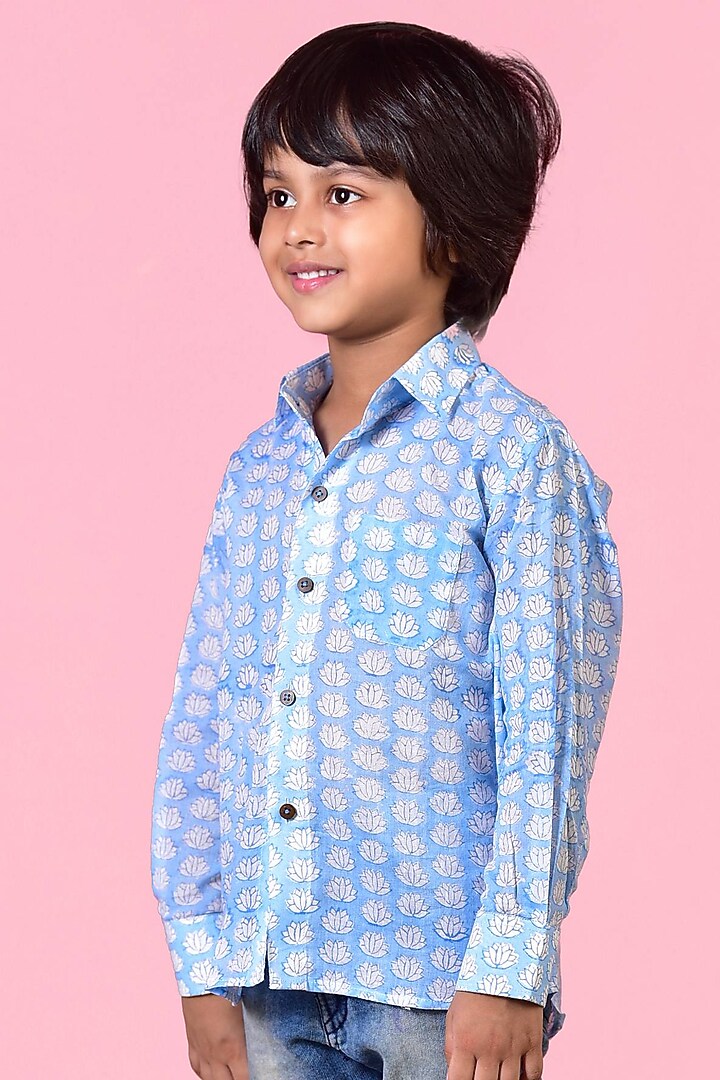 Blue Printed Shirt For Boys by THE COTTON STAPLE at Pernia's Pop Up Shop