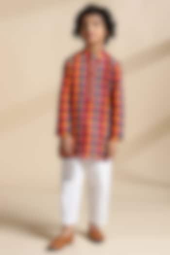 Multi-Colored Cotton Embroidered & Checkered Kurta Set For Boys by THE COTTON STAPLE at Pernia's Pop Up Shop