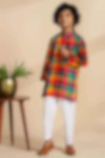 Multi-Colored Cotton Embroidered & Checkered Kurta Set For Boys by THE COTTON STAPLE at Pernia's Pop Up Shop