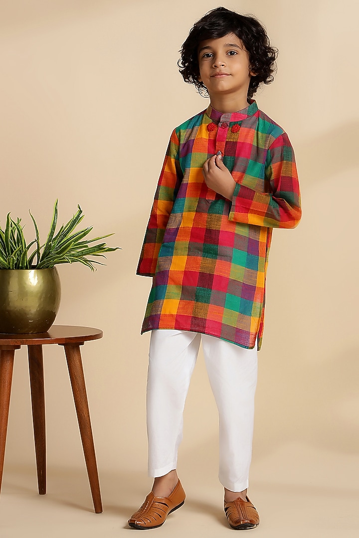 Multi-Colored Cotton Embroidered & Checkered Kurta Set For Boys by THE COTTON STAPLE at Pernia's Pop Up Shop