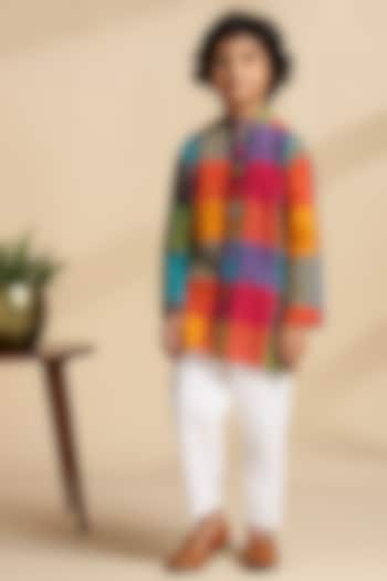 Multi-Colored Cotton Embroidered & Checkered Kurta Set For Boys by THE COTTON STAPLE at Pernia's Pop Up Shop