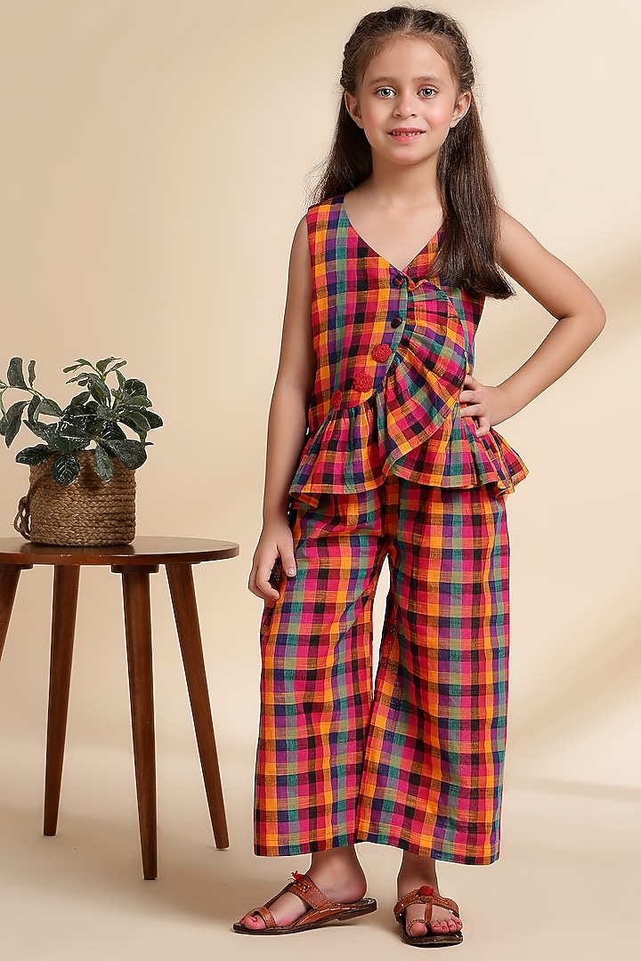 Multi-Colored Cotton Embroidered & Checkered Co-Ord Set For Girls by THE COTTON STAPLE at Pernia's Pop Up Shop