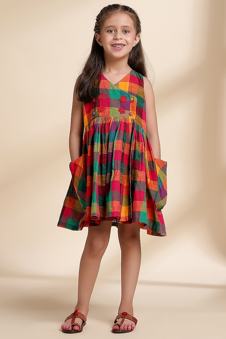 Multi-Colored Cotton Embroidered & Checkered Dress For Girls by THE COTTON STAPLE at Pernia's Pop Up Shop