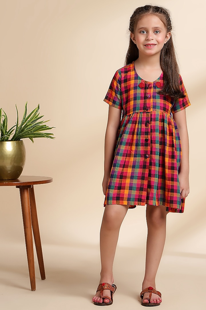 Multi-Colored Cotton Embroidered & Checkered Dress For Girls by THE COTTON STAPLE at Pernia's Pop Up Shop