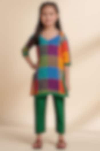Multi-Colored Cotton Embroidered & Checkered Kurta Set For Girls by THE COTTON STAPLE at Pernia's Pop Up Shop