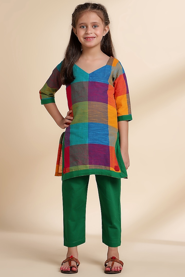 Multi-Colored Cotton Embroidered & Checkered Kurta Set For Girls by THE COTTON STAPLE at Pernia's Pop Up Shop