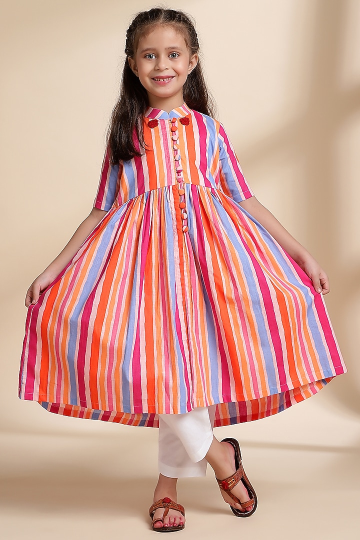 Multi-Colored Cotton Embroidered Cape Set For Girls by THE COTTON STAPLE at Pernia's Pop Up Shop