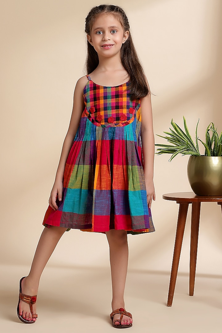 Multi-Colored Cotton Embroidered & Checkered Dress For Girls by THE COTTON STAPLE at Pernia's Pop Up Shop