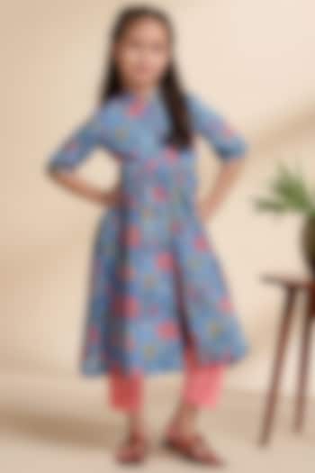 Navy Blue Cotton Floral Cape Set For Girls by THE COTTON STAPLE at Pernia's Pop Up Shop