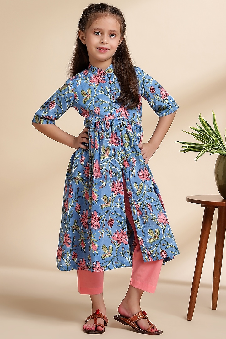 Navy Blue Cotton Floral Cape Set For Girls by THE COTTON STAPLE at Pernia's Pop Up Shop