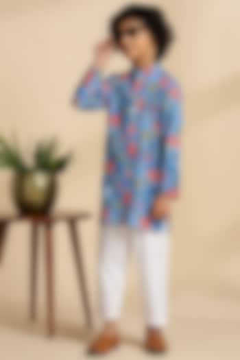 Navy Blue Cotton Floral Kurta Set For Boys by THE COTTON STAPLE at Pernia's Pop Up Shop