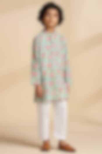 Sea Green Cotton Floral Kurta Set For Boys by THE COTTON STAPLE at Pernia's Pop Up Shop