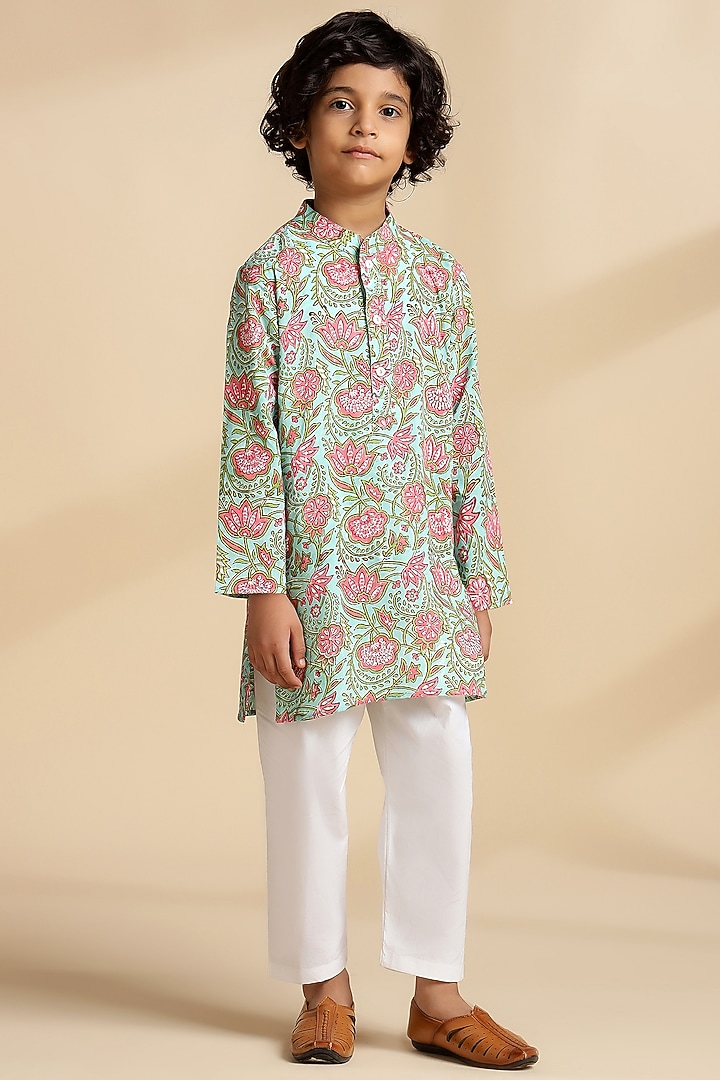 Sea Green Cotton Floral Kurta Set For Boys by THE COTTON STAPLE at Pernia's Pop Up Shop