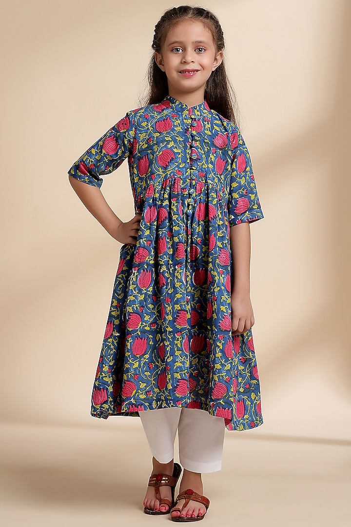 Navy Blue Cotton Floral Cape Set For Girls by THE COTTON STAPLE at Pernia's Pop Up Shop
