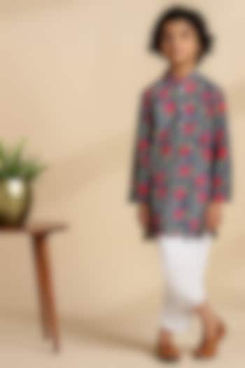 Navy Blue Cotton Floral Kurta Set For Boys by THE COTTON STAPLE at Pernia's Pop Up Shop
