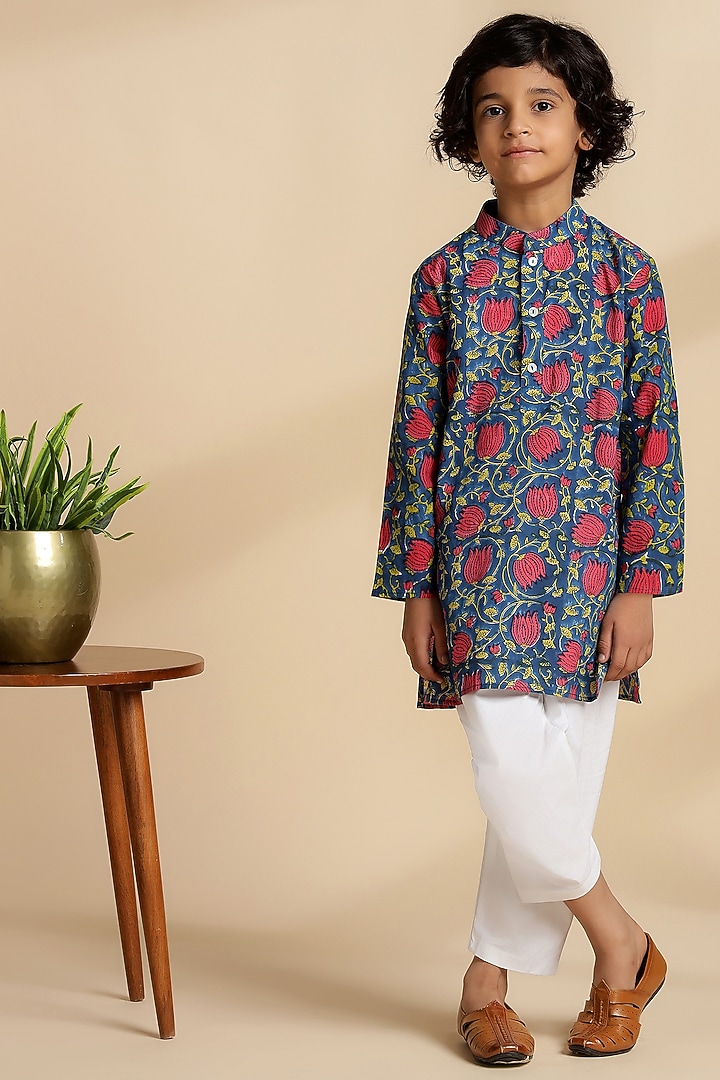 Navy Blue Cotton Floral Kurta Set For Boys by THE COTTON STAPLE at Pernia's Pop Up Shop