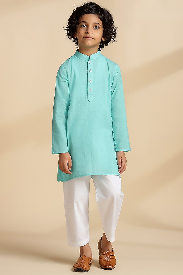 Blue Cotton Kurta Set For Boys by THE COTTON STAPLE at Pernia's Pop Up Shop