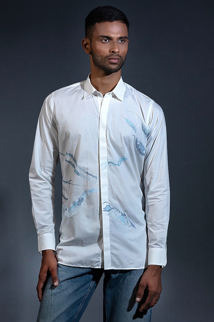 White Egyptian Giza Cotton Hand Embroidered Summer Shirt by The Culture at Pernia's Pop Up Shop