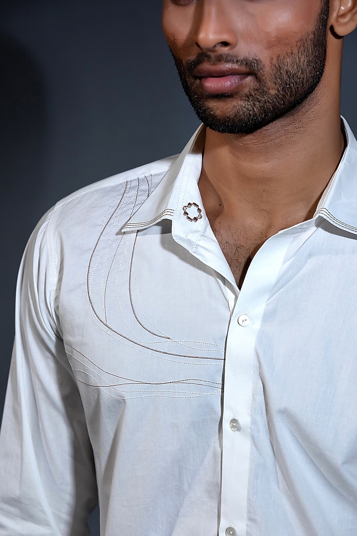 White Egyptian Giza Cotton Abstract Embroidered Summer Shirt by The Culture at Pernia's Pop Up Shop
