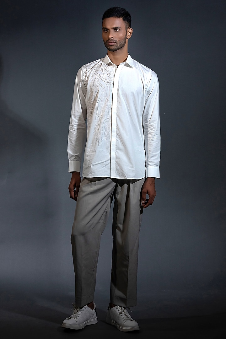 White Egyptian Giza Cotton Thread Embroidered Summer Shirt by The Culture at Pernia's Pop Up Shop