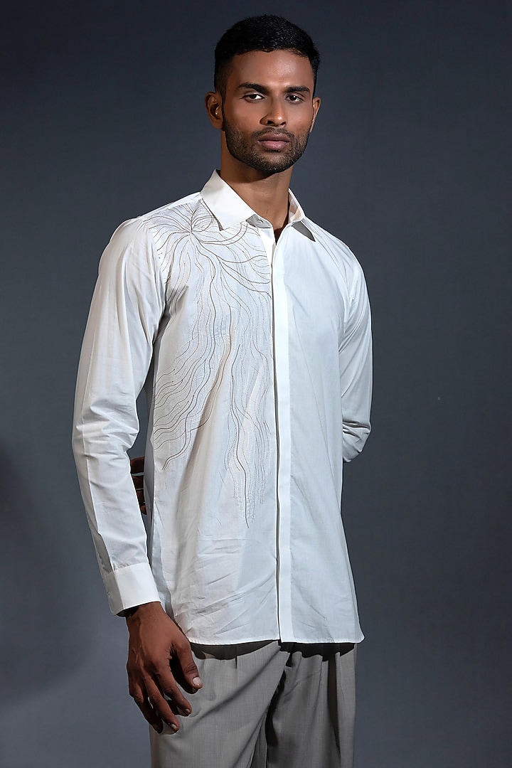 White Egyptian Giza Cotton Thread Embroidered Summer Shirt by The Culture at Pernia's Pop Up Shop